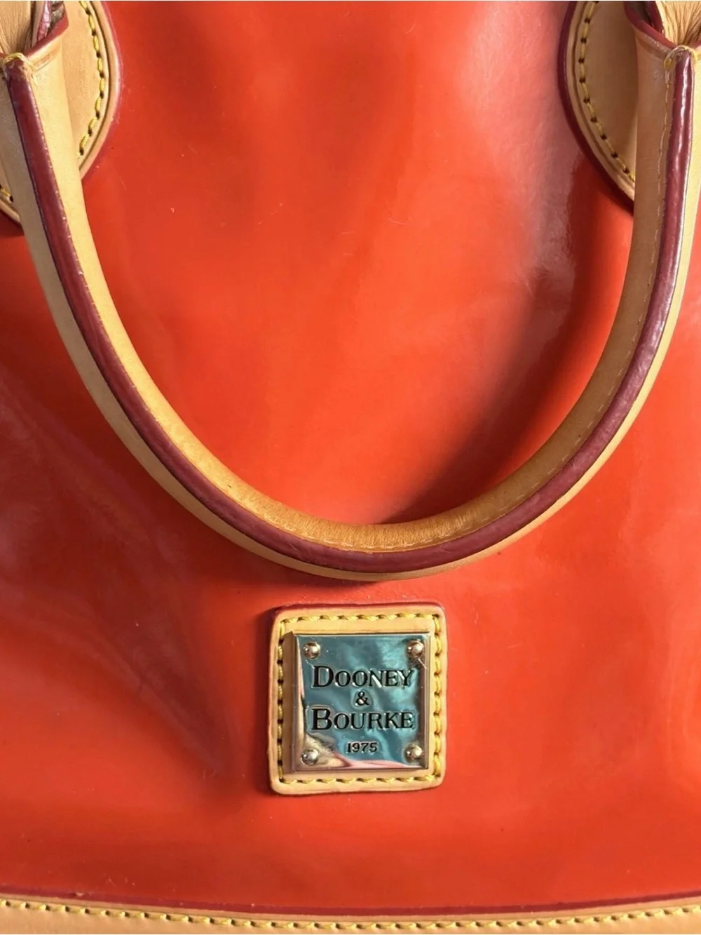 Dooney & Bourke Orange Patent Satchel with Tan Trim and Strap
